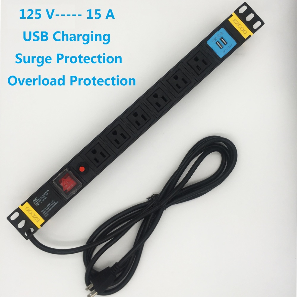 120V/15A  PDU 6 Outlets with Surge Protection USB charge 19in Rackmount Power Distribution Unit