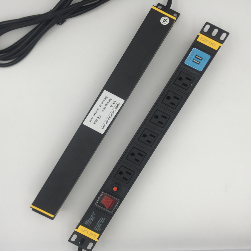 120V/15A  PDU 6 Outlets with Surge Protection USB charge 19in Rackmount Power Distribution Unit