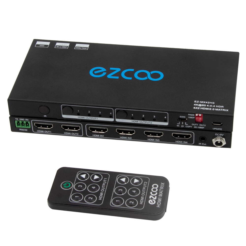 EZCOO HDMI Matrix 4x2 4K 60Hz 4:4:4 HDR Dolby Vision Dolby Atmos with EDID HDMI Scale 4K 1080P,HDCP 2.2 HDMI Matrix 4 in 2 out