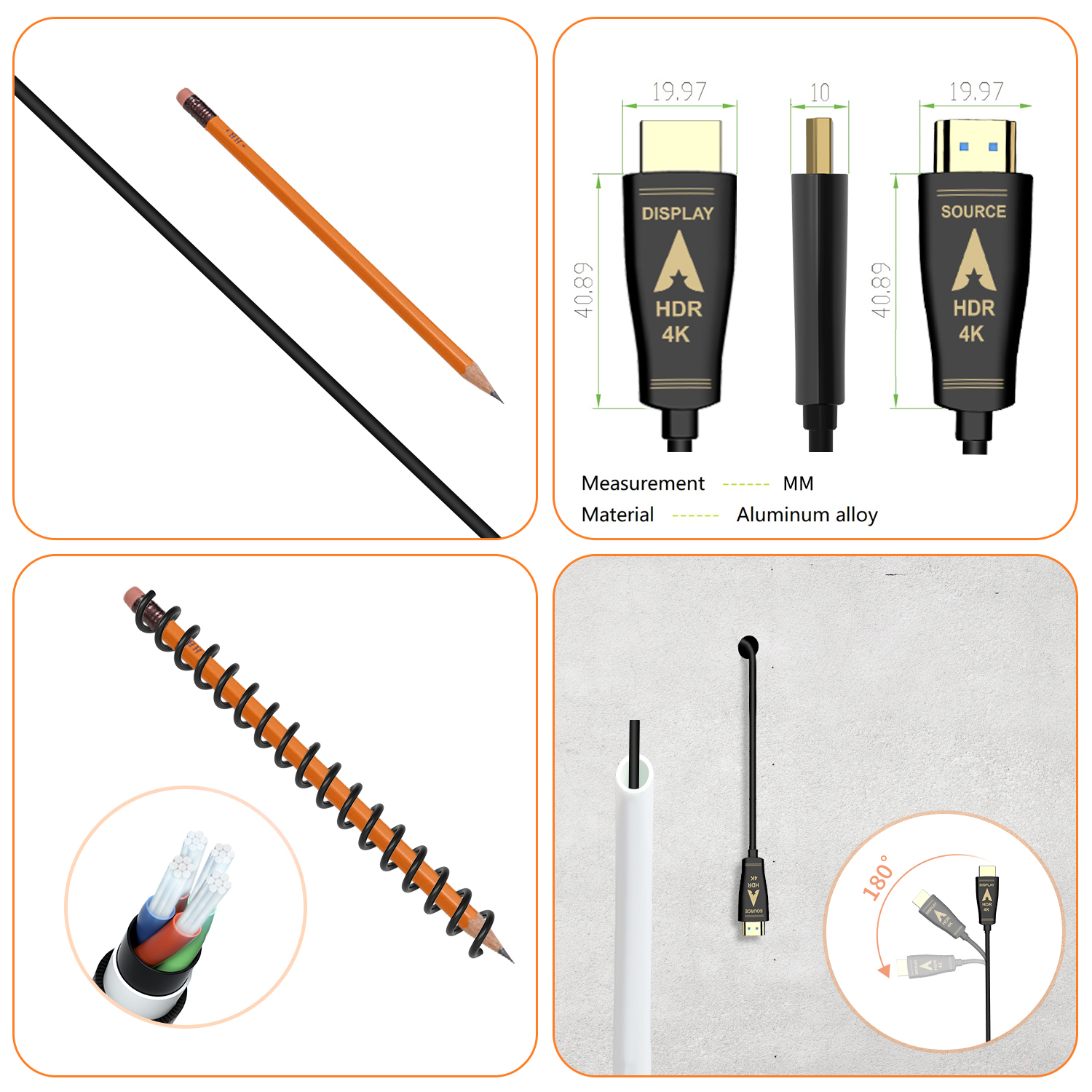 Fiber Optic HDMI Cable 30ft, eARC, HDR Dolby Vision and Atmos, HDCP2.2, Zinc Alloy Ultra Slim