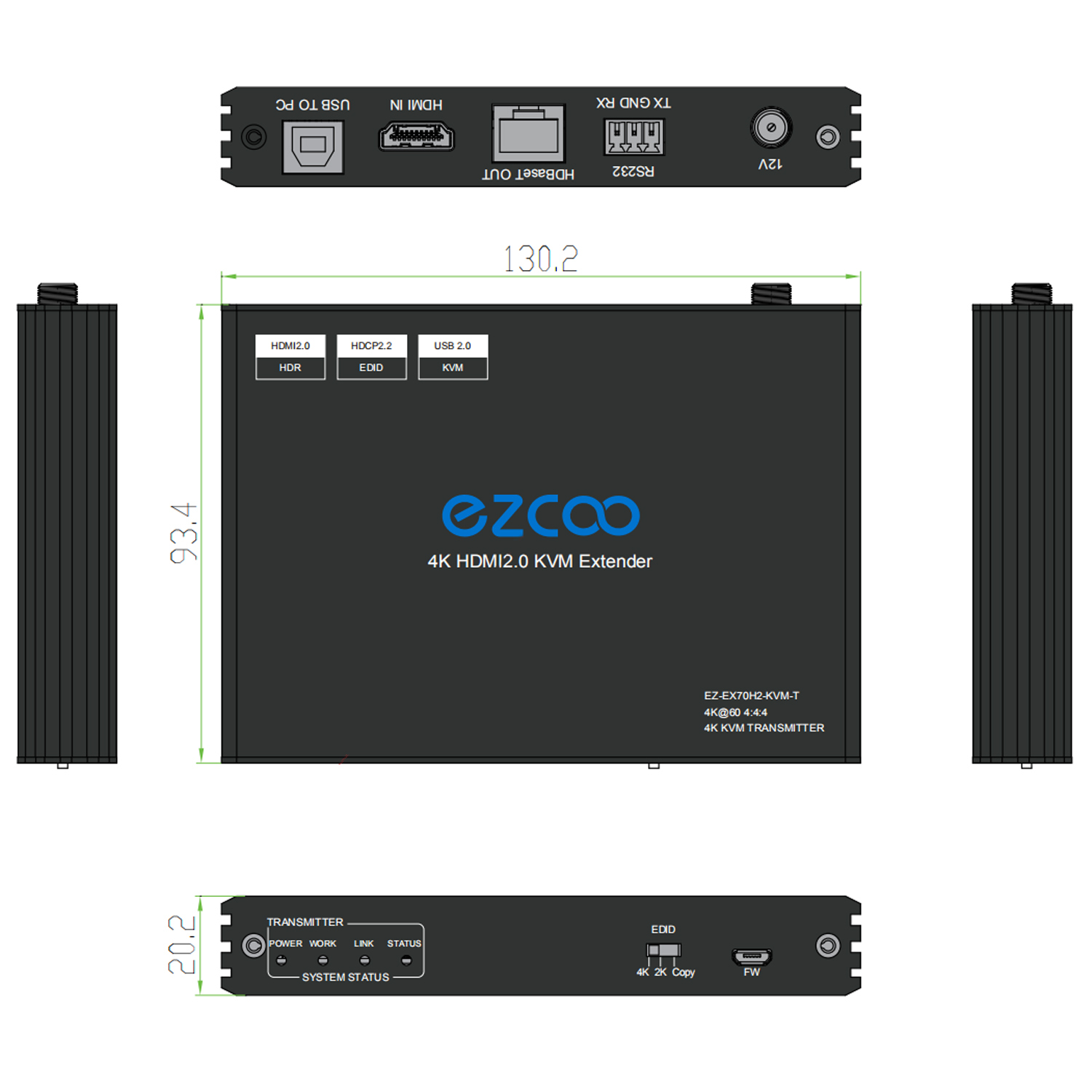 HDMI KVM Extender HDBT Extension Over Cat5e/6 100M(328ft) Uncompressed 4K60Hz 4:4:4 with 3xUSB2.0 - POE+RS232+EDID