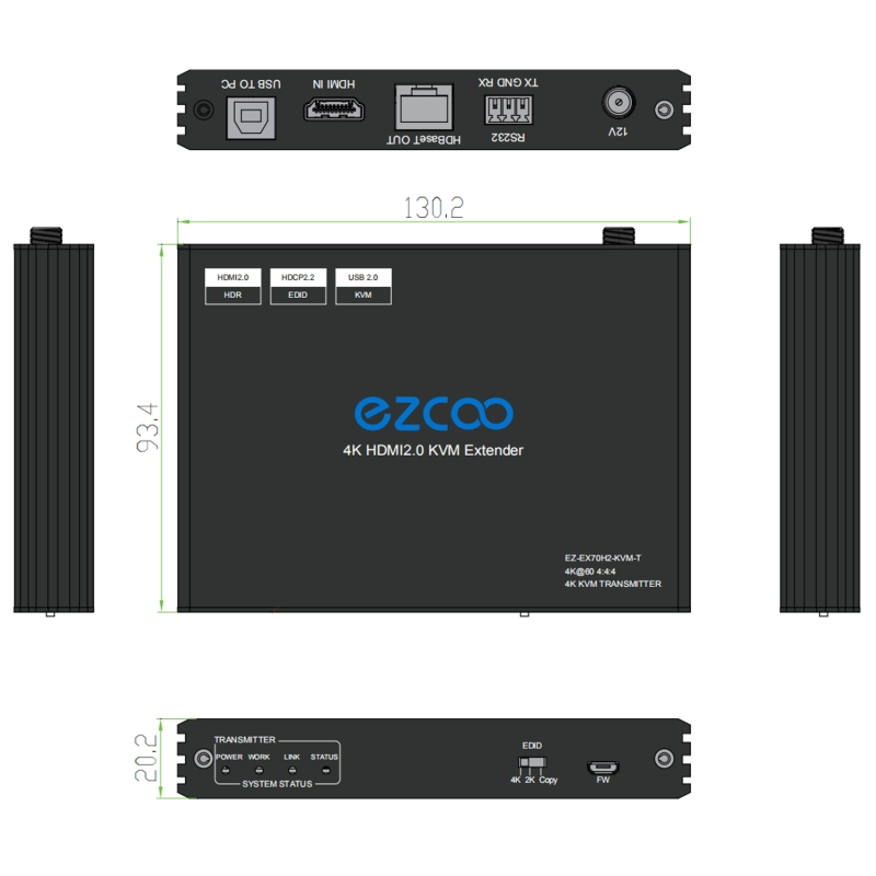 HDMI KVM Extender HDBT Extension Over Cat5e/6 100M(328ft) Uncompressed 4K60Hz 4:4:4 with 3xUSB2.0 - POE+RS232+EDID