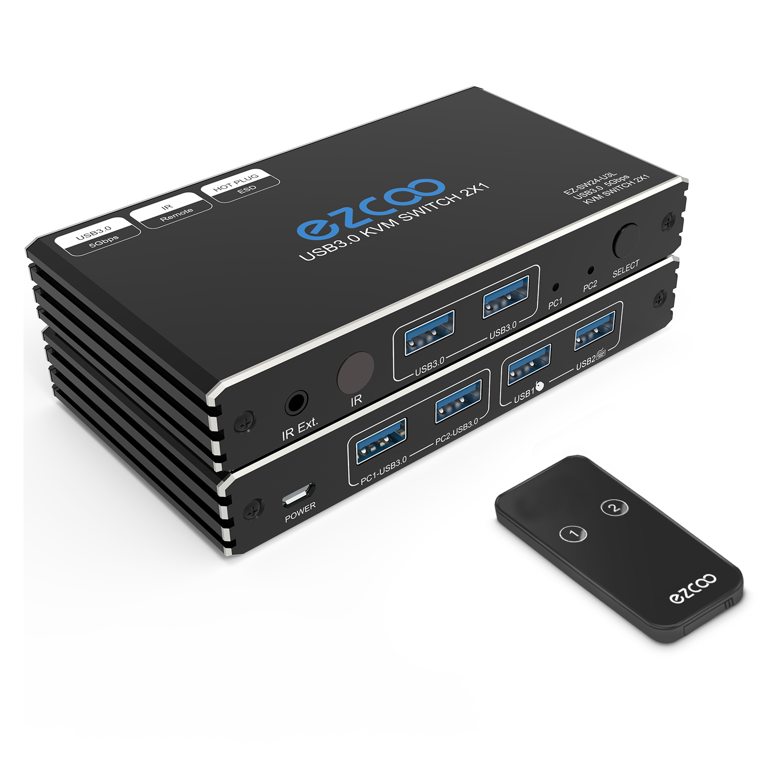USB 3.0 Switch 2 In 4 Out USB 3.0 Sharing Switcher IR Romte KVM Switch Hub for Mouse, Keyboard, Scanner, Printer with 2 Pcs of 1.5M USB 3.0 A to A