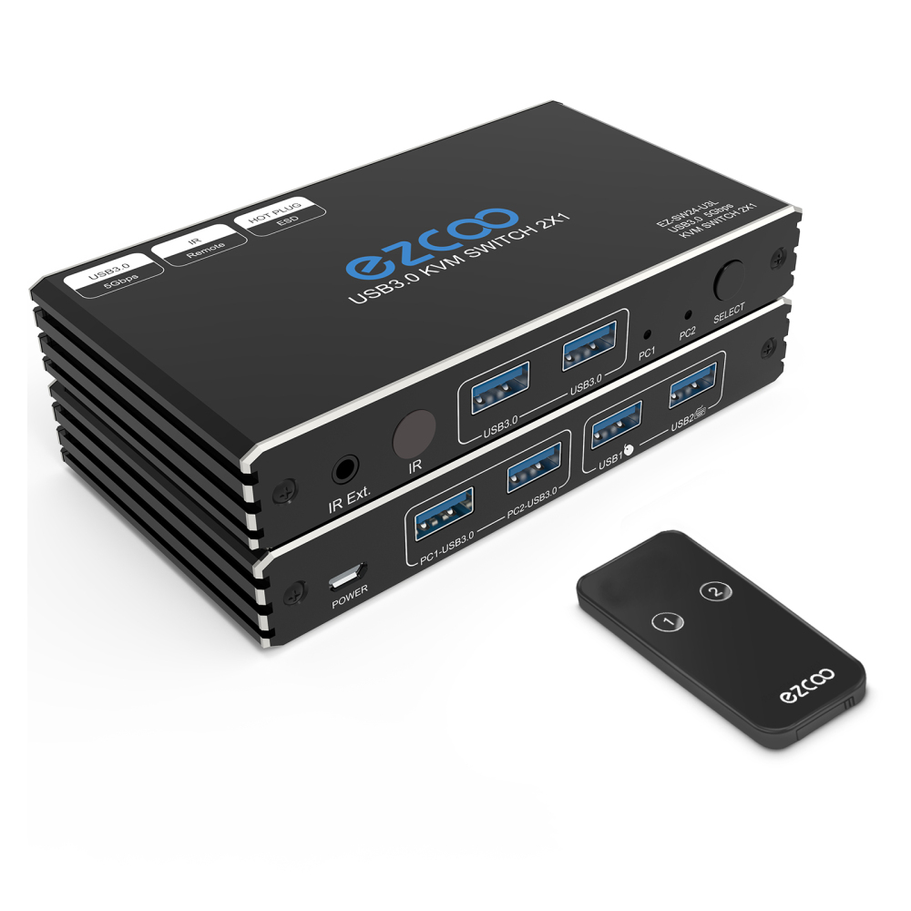 USB 3.0 Switch 2 In 4 Out USB 3.0 Sharing Switcher IR Romte KVM Switch Hub for Mouse, Keyboard, Scanner, Printer with 2 Pcs of 1.5M USB 3.0 A to A