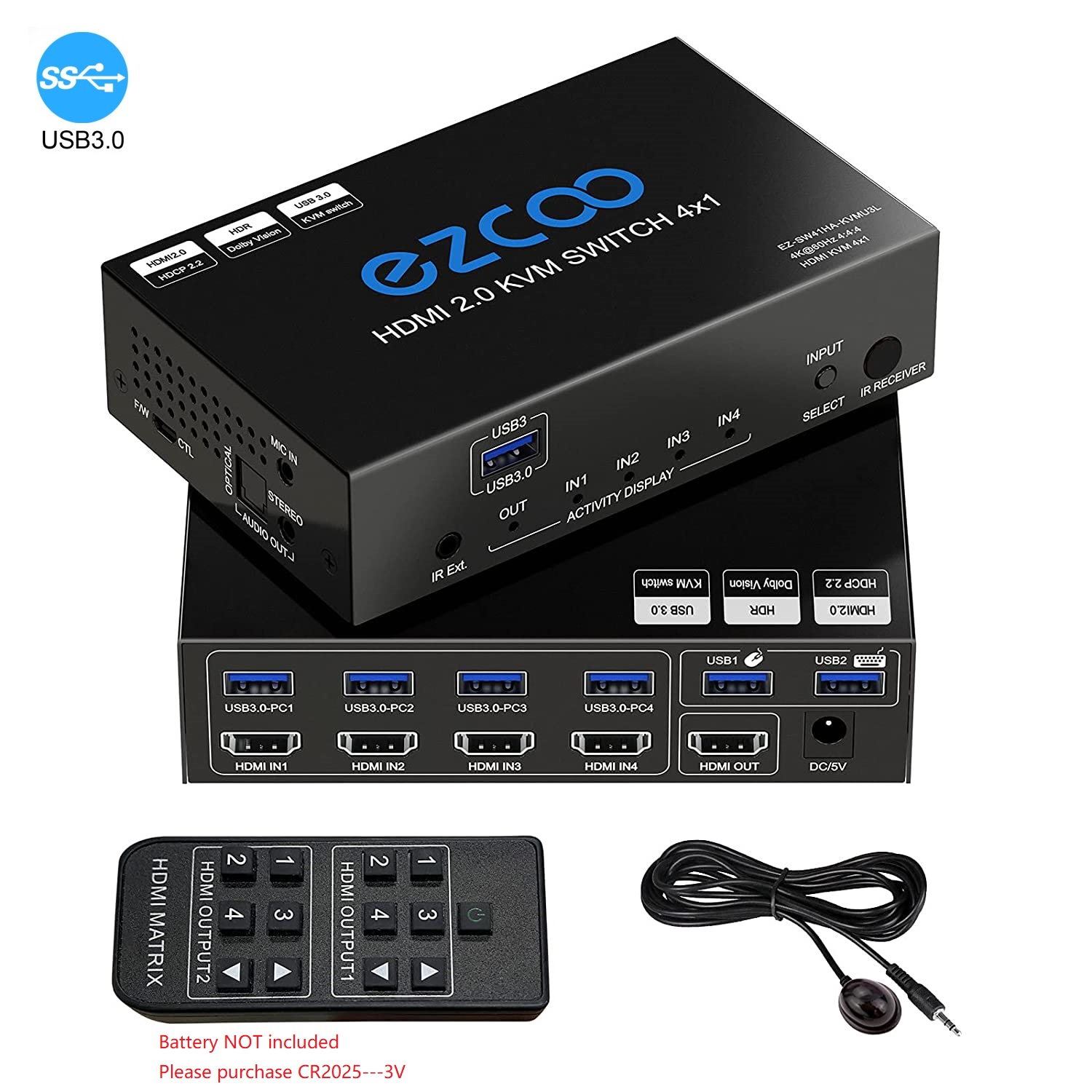 EZCOO 4K HDMI Switch 4X1 with USB3.0 KVM, 3 port USB, support 4K60Hz 4:4:4  and HDR, audio breakout,come with 4 USB3.0 Cable