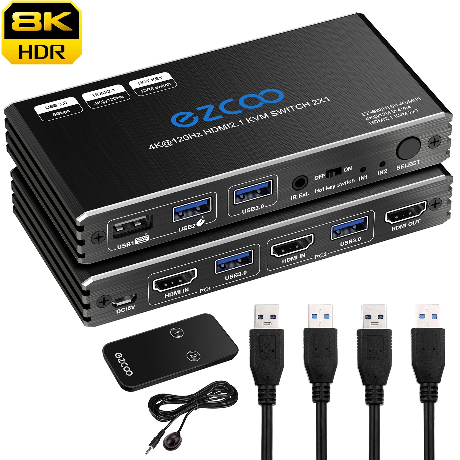 8K HDMI KVM Switch 2 Ports USB 3.0 Hotkey