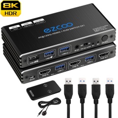 8K HDMI KVM Switch 2 IN 1 OUT Hotkey for 2 Computers 1 Monitor with one set of Keyboard Mouse, USB 3.0 KVM Switcher 8K60Hz 4K120Hz ezcoo
