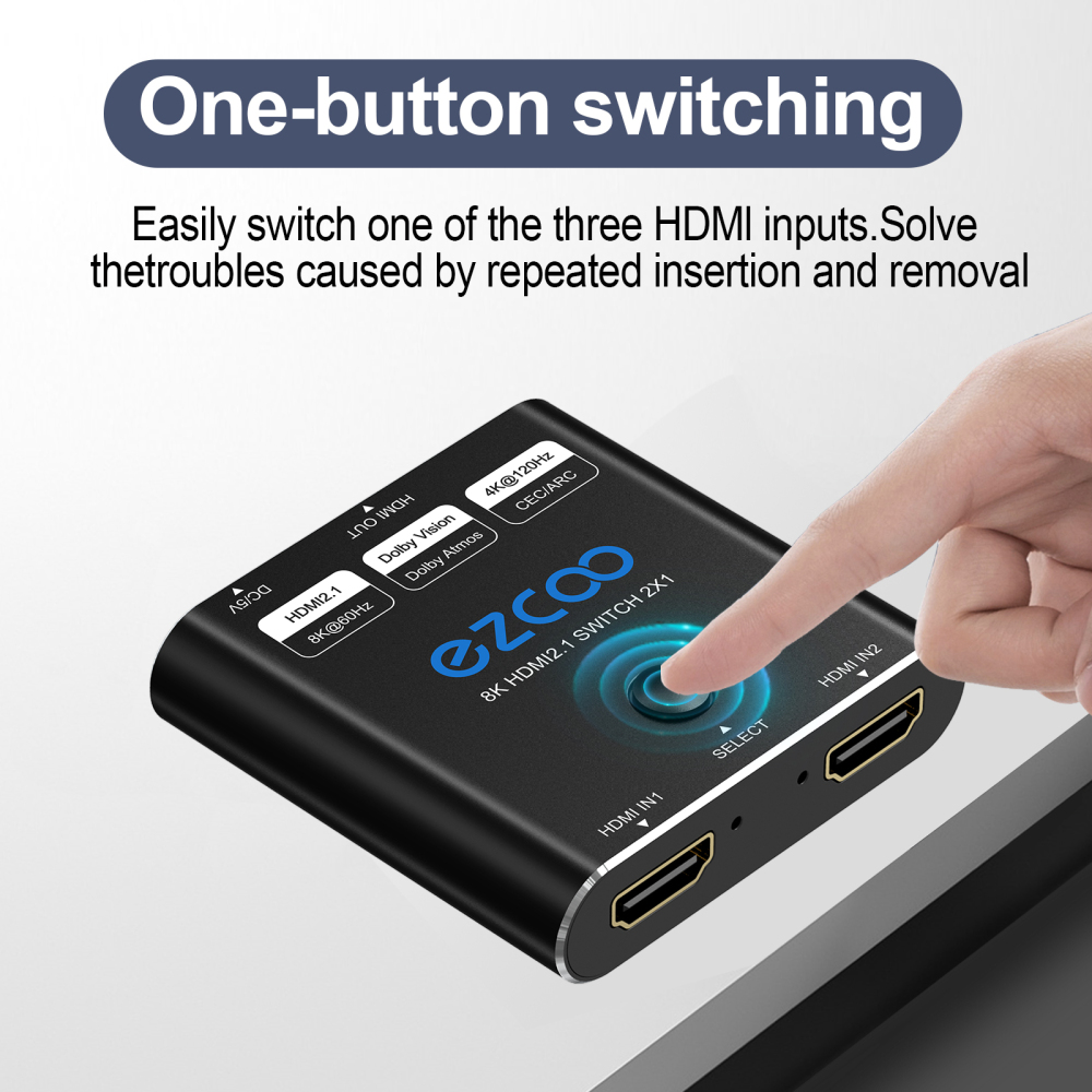 8K60Hz HDMI Switch 2 in 1 out, 4K120Hz HDMI switch 2X1 with button switch， supports 48G/bps, CEC, ARC