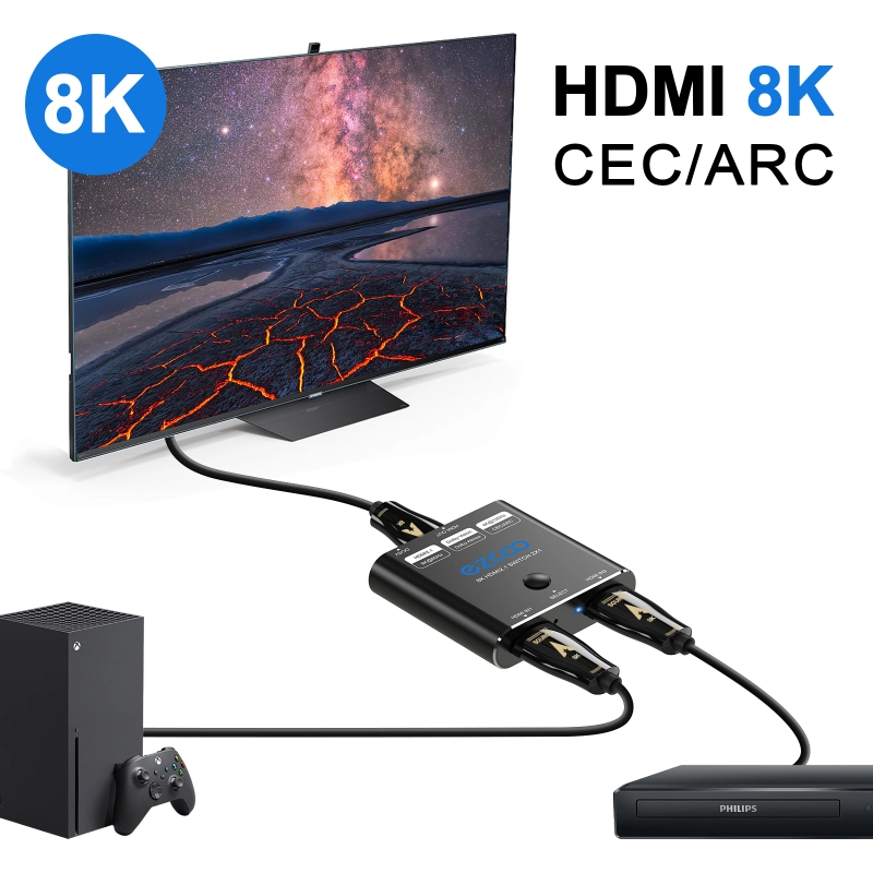 8K60Hz HDMI Switch 2 in 1 out, 4K120Hz HDMI switch 2X1 with button switch， supports 48G/bps, CEC, ARC