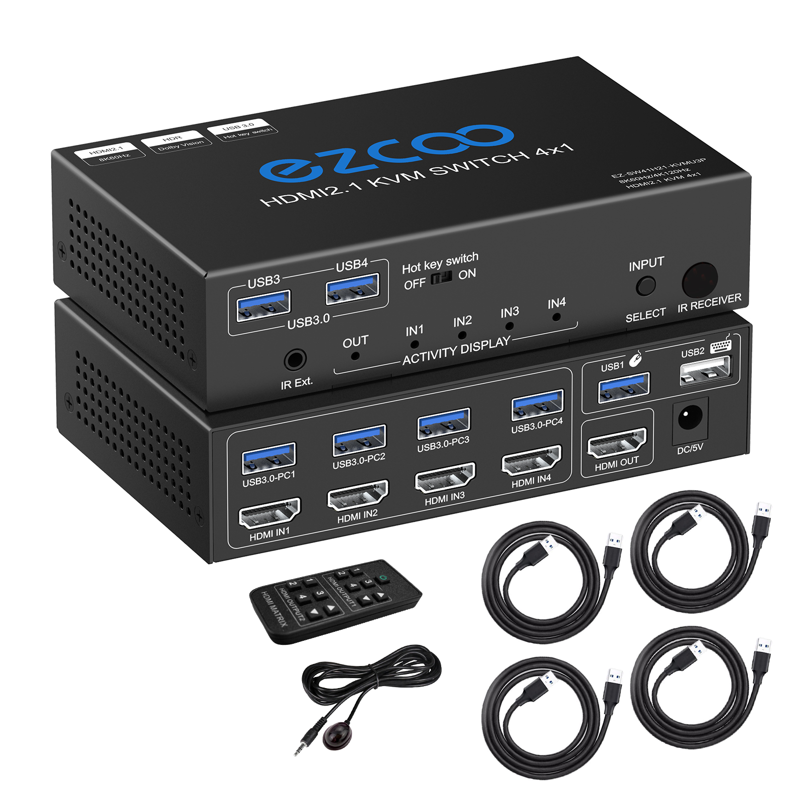EZCOO 8K HDMI KVM Switch 4x1 with USB 3.0 - 4K 120Hz Hotkey Switch