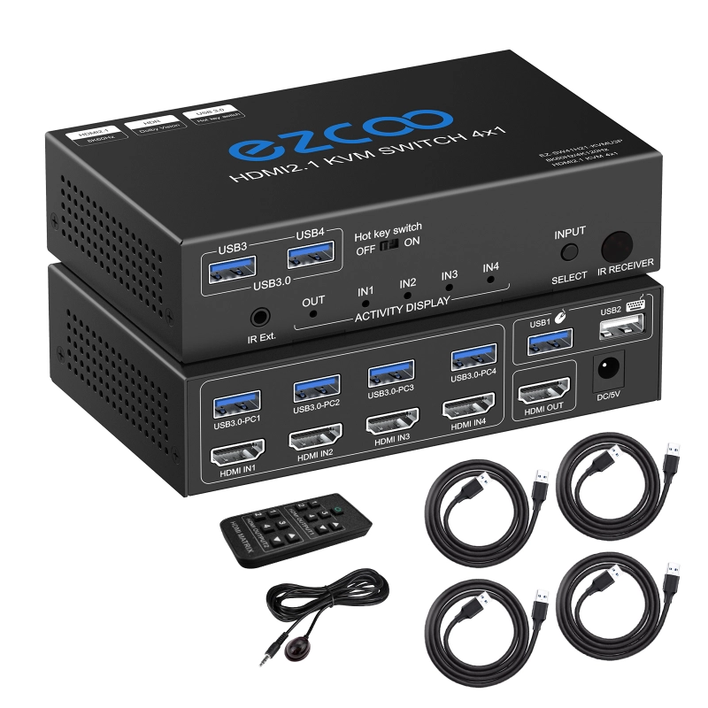 EZCOO 8K HDMI KVM Switch 4X1 with USB3.0 KVM, 3 port USB,support 4K120Hz 4:4:4 and HDR, Hotkey switch