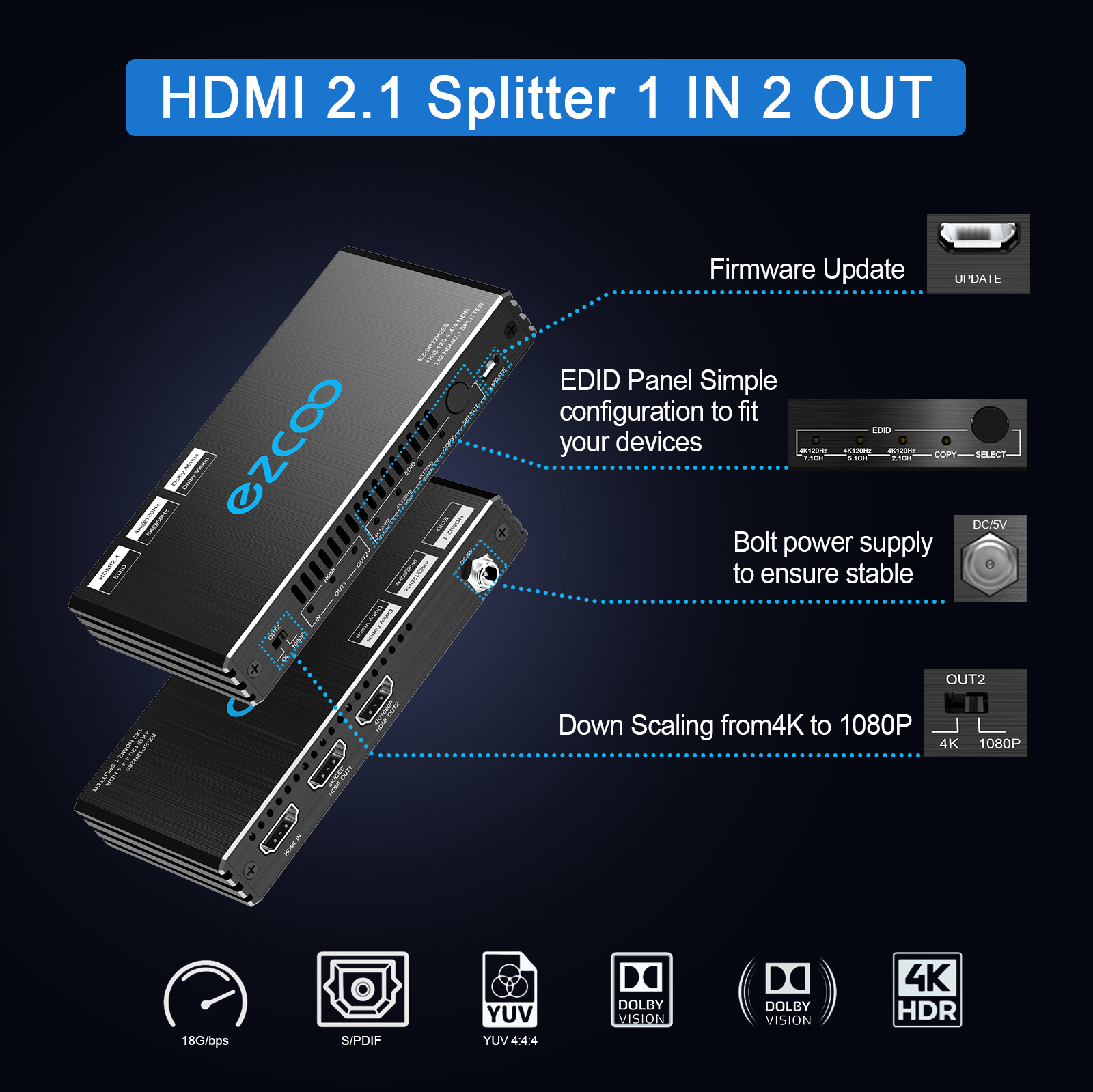 8K@60Hz 4K@120Hz HDMI 2.1 Splitter 1x2,48Gbps