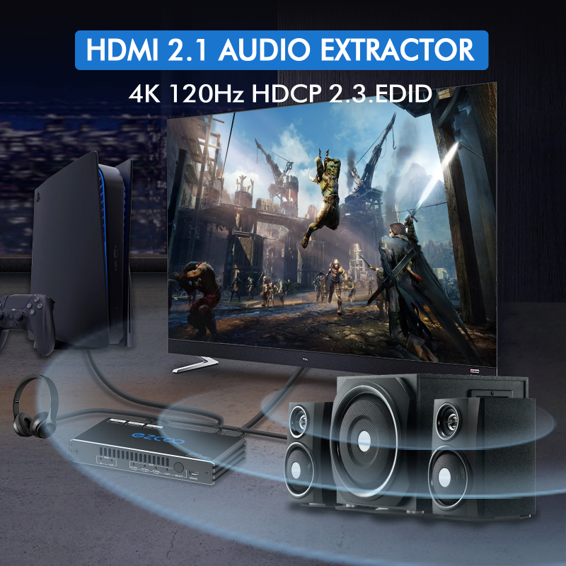 EZCOO 4K@120Hz HDMI 2.1 Audio Extractor Audio Converter,HDMI to HDMI,SPDIF Optical 7.1/5.1CH,Stereo 3.5mm,Supports VRR,CEC,Dolby Digital Audio De-embe