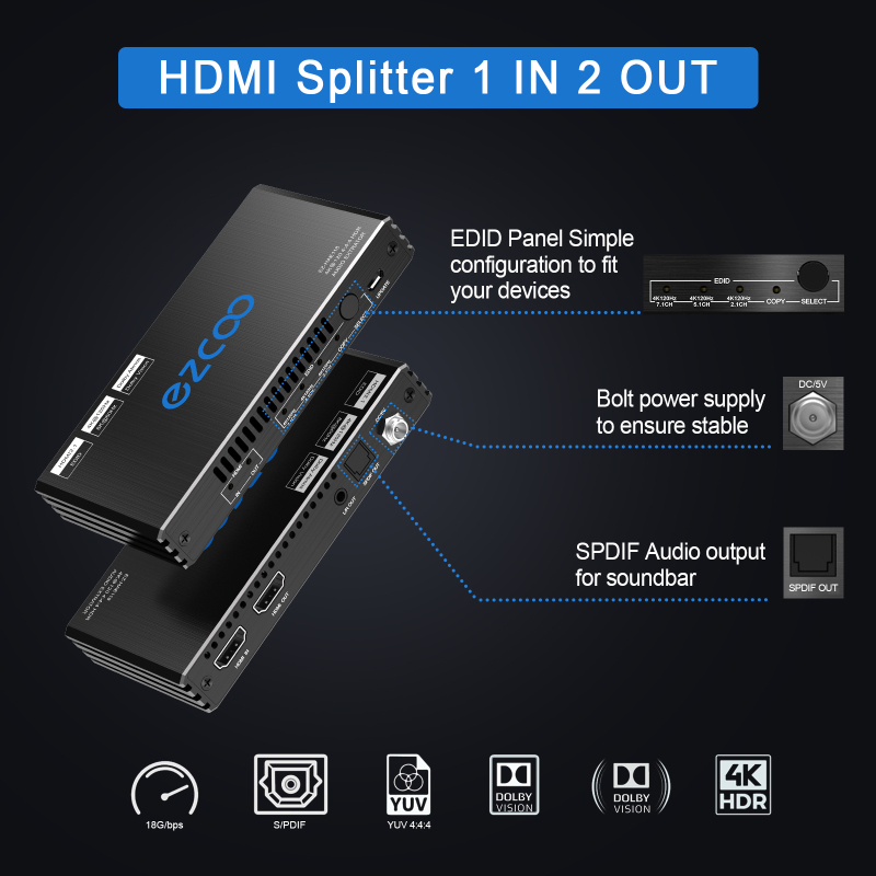 EZCOO 4K@120Hz HDMI 2.1 Audio Extractor Audio Converter,HDMI to HDMI,SPDIF Optical 7.1/5.1CH,Stereo 3.5mm,Supports VRR,CEC,Dolby Digital Audio De-embe