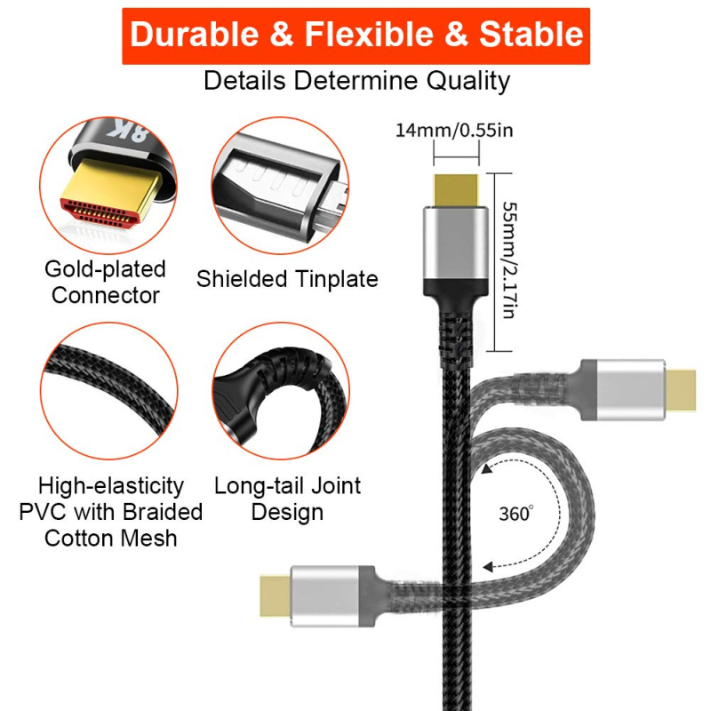 HDMI Cable 6 ft support 8K@60Hz 4:4:4 HDR, 4K120Hz up to 48G/bps bandwidth, eARC,26AWG