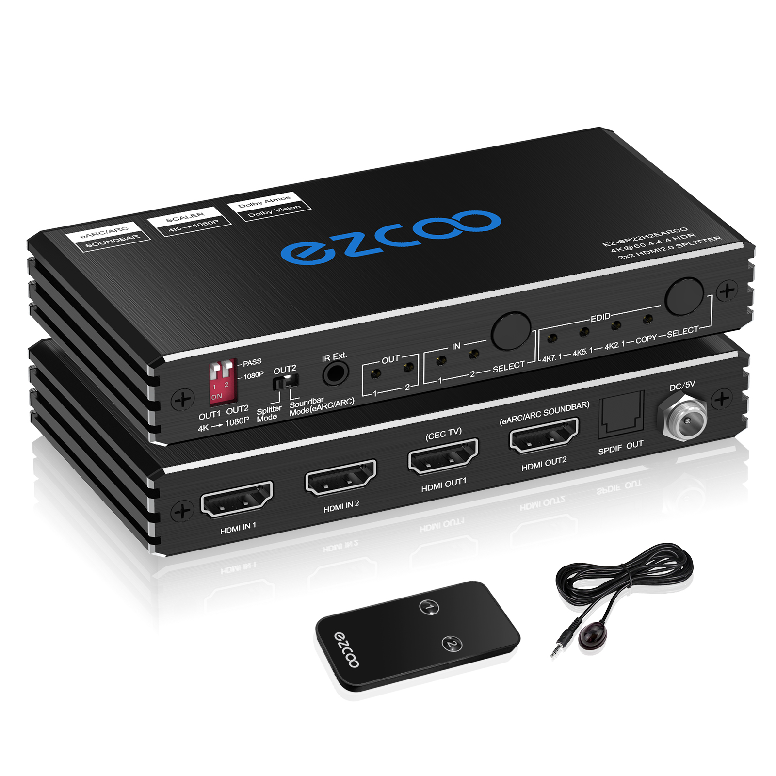 EZCOO HDMI Splitter 4K 60Hz ARC/eARC for Soundbar HDMI Switch Bi-direction  1 In 2 Out or 2 Input to 2 Output SPDIF 5.1CH Breakout Dolby Atmos HDR CEC