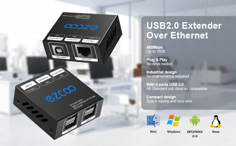 USB2.0 Extender over cat 5/6 up to 165ft（50m),Expand to 4 USB ports, plug and play, no driver