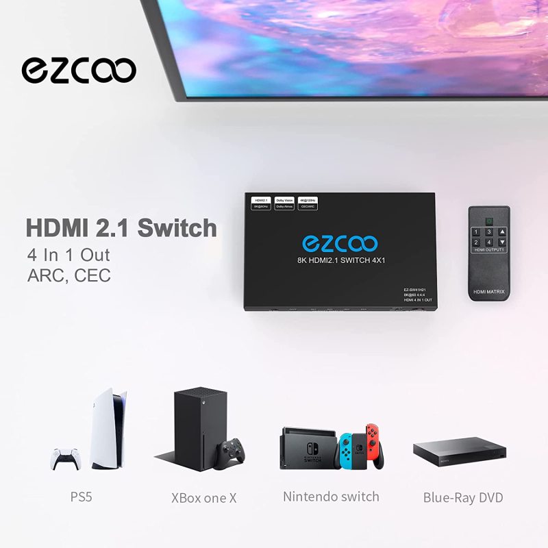 EZCOO 8K HDMI Switch 4 in 1 out, HDMI switcher, supports 8K@60Hz and 4K120Hz VRR, HDCP2.3, HDR Dolby vision Atmos, Remote control, CEC