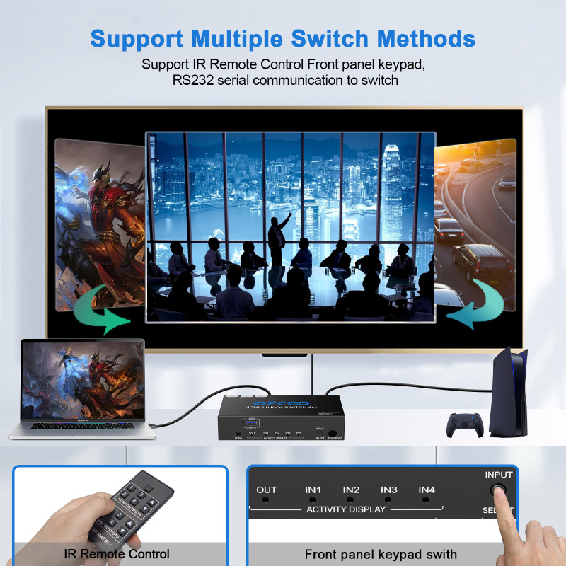 EZCOO 4K HDMI Switch 4X1 with USB3.0 KVM, 3 port USB, support 4K60Hz 4:4:4 and HDR, audio breakout,come with 4 USB3.0 Cable