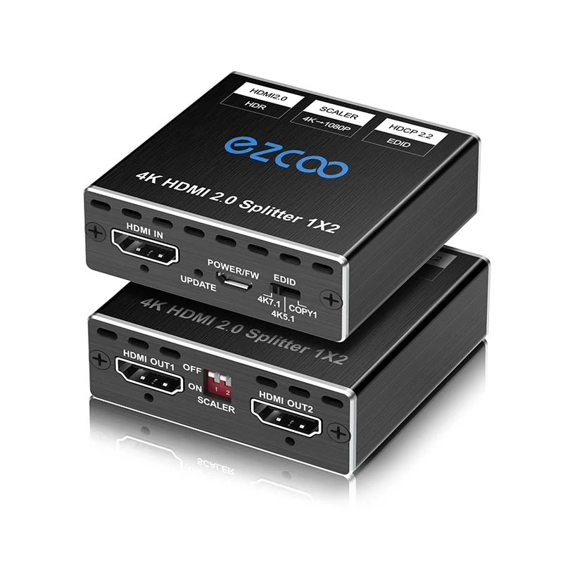 EZCOO 4K60 HDMI Splitter 1X2, Dolby Vision HDR, scaler output from 4K to 1080P, EDID Setting, Mini size,