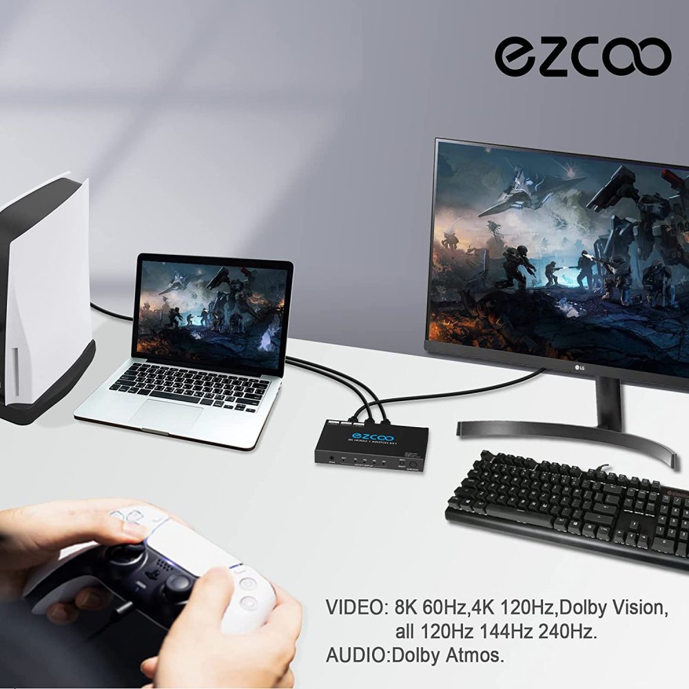 EZCOO 8K HDMI Switch 4 in 1 out, HDMI switcher, supports 8K@60Hz and 4K120Hz VRR, HDCP2.3, HDR Dolby vision Atmos, Remote control, CEC