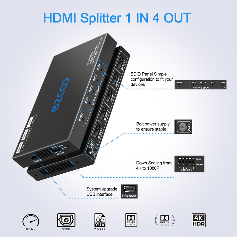 4K60 HDMI Splitter 1 IN 4 OUT,4k Dolby Vision HDR, Scaling output