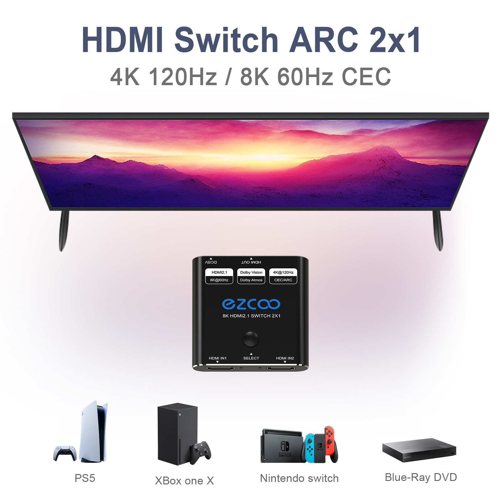 8K60Hz HDMI Switch 2 in 1 out, 4K120Hz HDMI switch 2X1 with button switch， supports 48G/bps, CEC, ARC