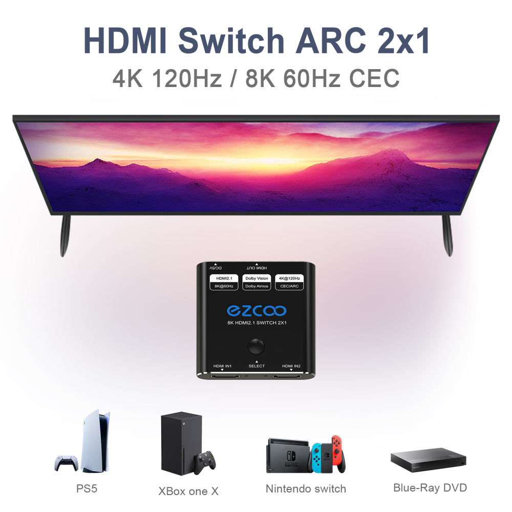 8K60Hz HDMI Switch 2 in 1 out, 4K120Hz HDMI switch 2X1 with button switch， supports 48G/bps, CEC, ARC