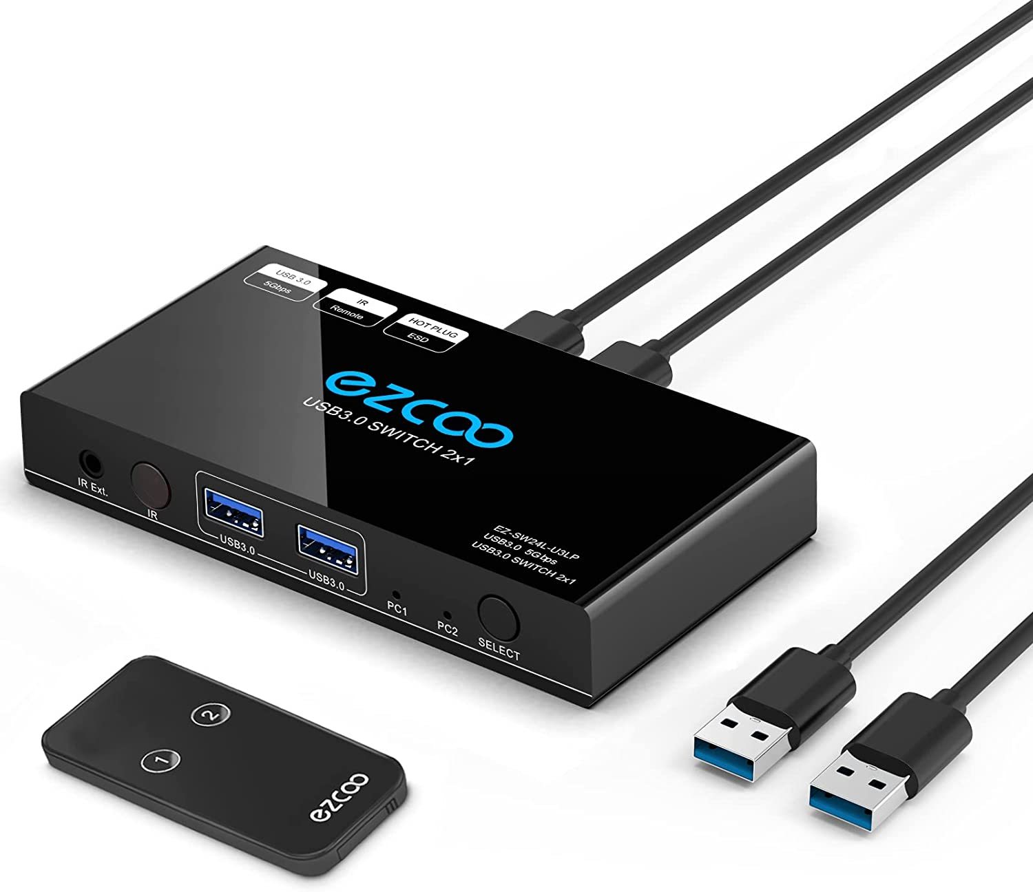 USB 3.0 Switch 2 In 4 Out USB 3.0 Sharing Switcher IR Romte KVM Switch Hub for Mouse, Keyboard, Scanner, Printer with 2 Pcs of 1.5M USB 3.0 A to A