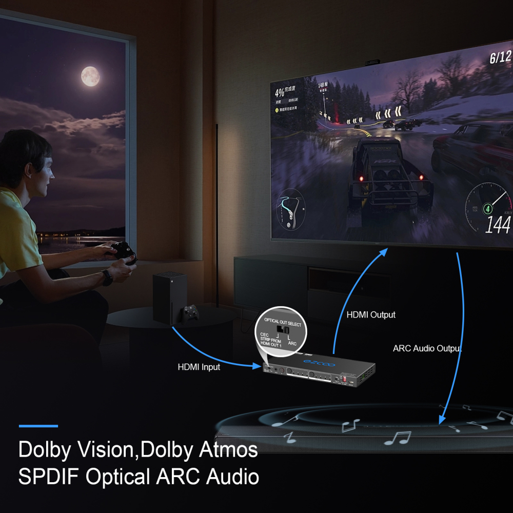 EZCOO HDMI Matrix 4x2 4K 60Hz 4:4:4 HDR Dolby Vision Dolby Atmos with EDID HDMI Scale 4K 1080P,HDCP 2.2 HDMI Matrix 4 in 2 out