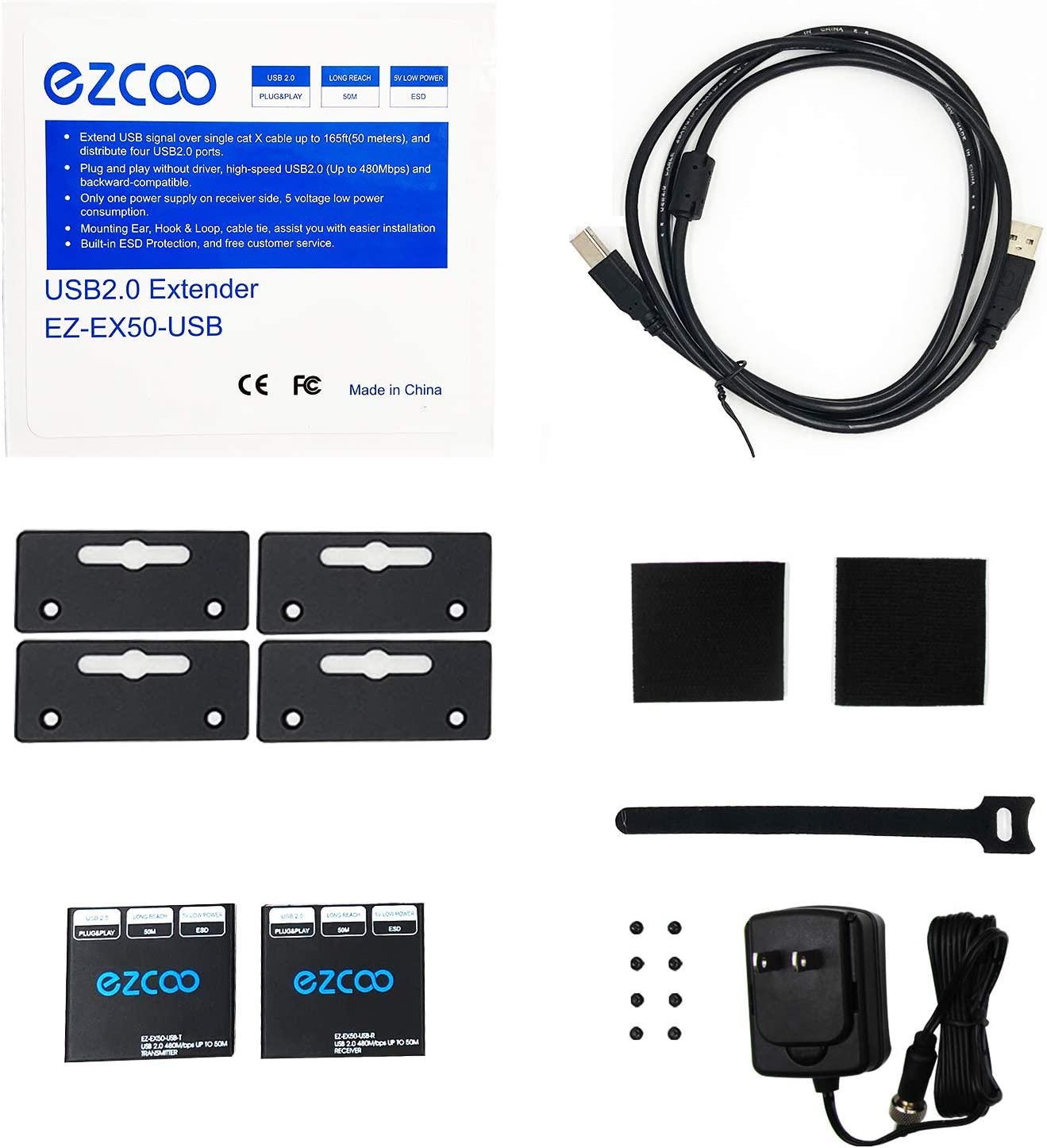 EZCOO USB 2.0 Extender Over Cat 5/6 – Up to 165ft – 4 USB