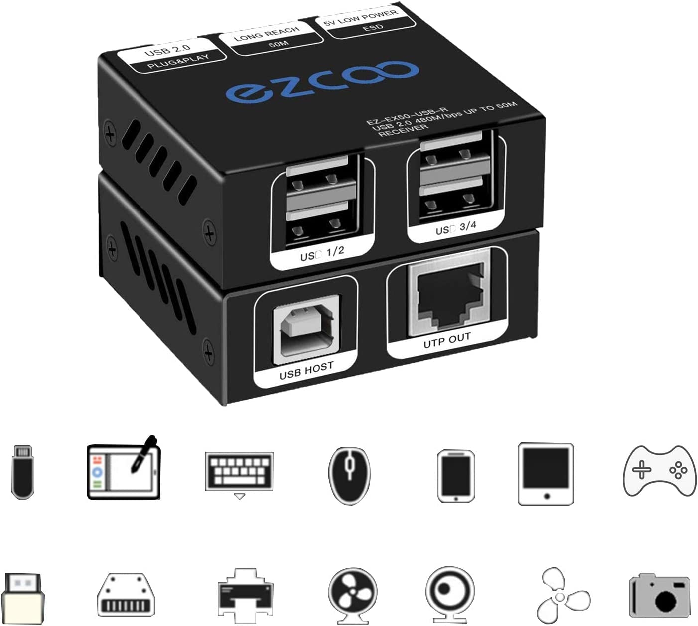 EZCOO USB 2.0 Extender Over Cat 5/6 – Up to 165ft – 4 USB Ports