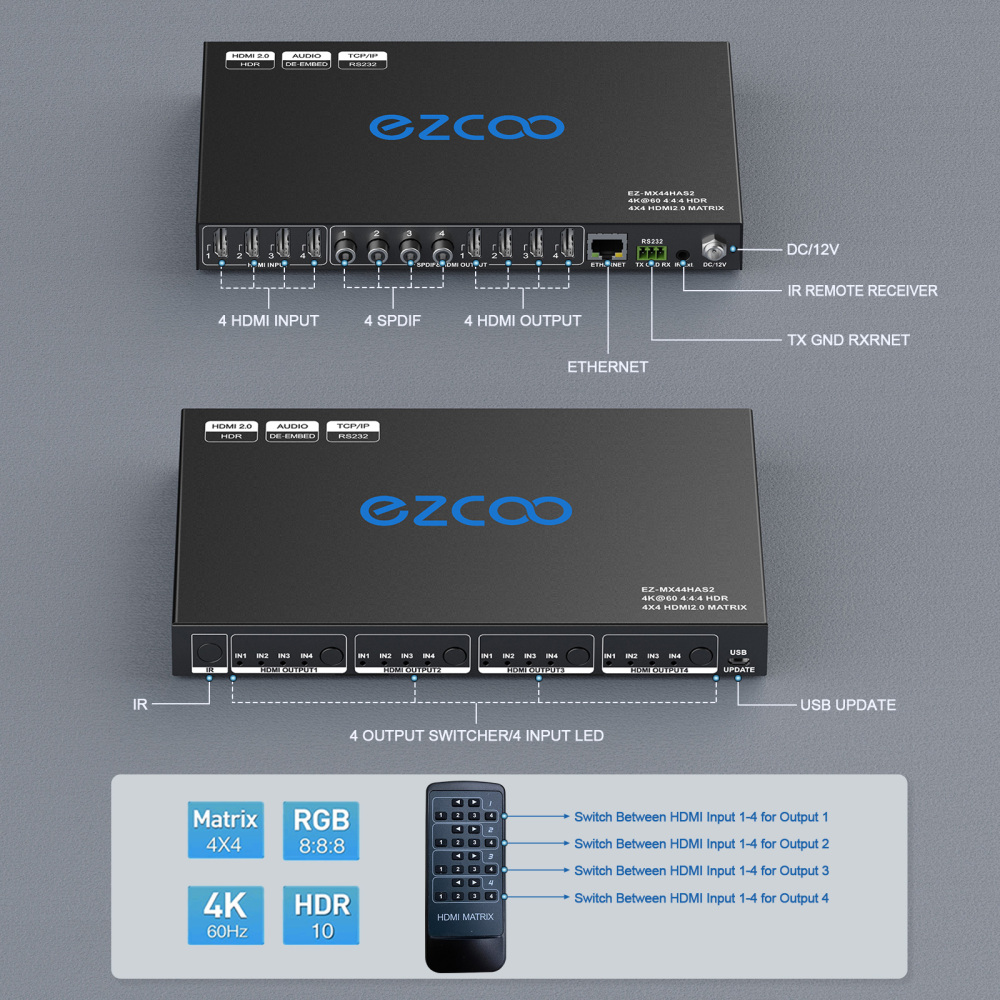 4K60 444 HDMI Matrix 4x4 Dolby vision with audio breakout, IP/RS232/IR control, HDCP2.2, 18G/bps，downscaler