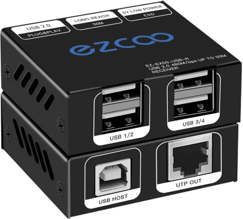 USB2.0 Extender over cat 5/6 up to 165ft（50m),Expand to 4 USB ports, plug and play, no driver