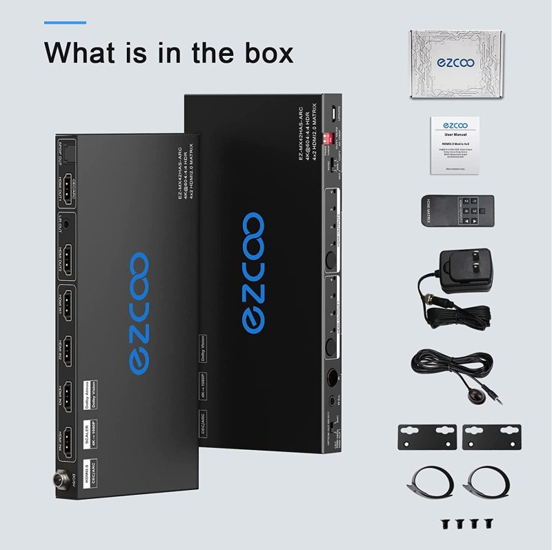 EZCOO HDMI Matrix ARC 4 In 2 Out 4K HDR EDID 4K7.1/5.1/COPY Switch with SPDIF L/R Audio Extractor - Down-Scale 4K to 1080P,D-o-l-b-y Vision Atmos in S