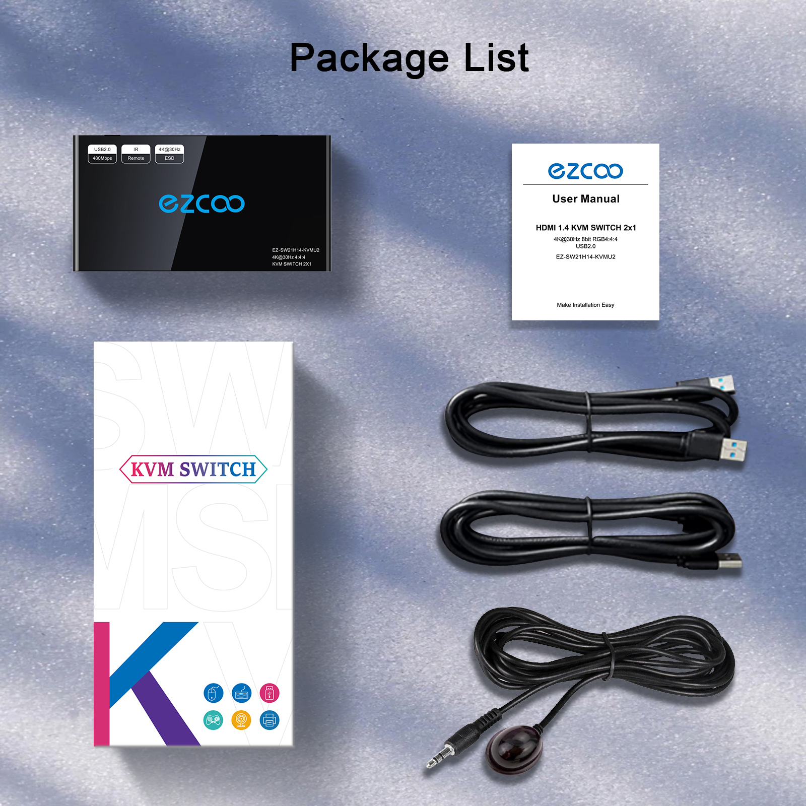 HDMI KVM Switch 2 Port 4K@30Hz KVM Switch for 2 Computers Share Keyboard Mouse and One Monitor 2 HDMI KVM Cables