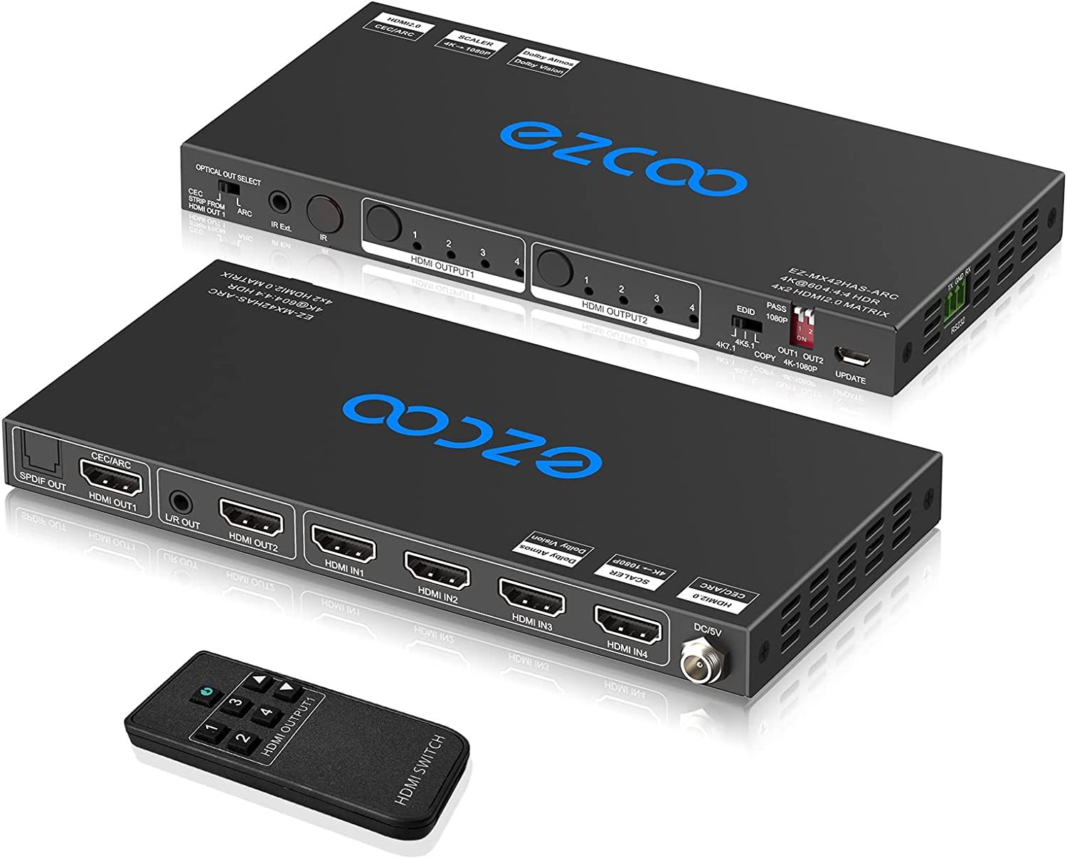 EZCOO HDMI Matrix ARC 4 In 2 Out 4K HDR EDID 4K7.1/5.1/COPY Switch with SPDIF L/R Audio Extractor - Down-Scale 4K to 1080P,D-o-l-b-y Vision Atmos in S