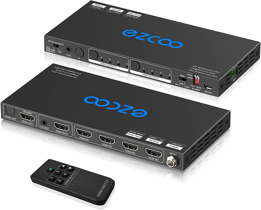 EZCOO HDMI Matrix ARC 4 In 2 Out 4K HDR EDID 4K7.1/5.1/COPY Switch with SPDIF L/R Audio Extractor - Down-Scale 4K to 1080P,D-o-l-b-y Vision Atmos in S