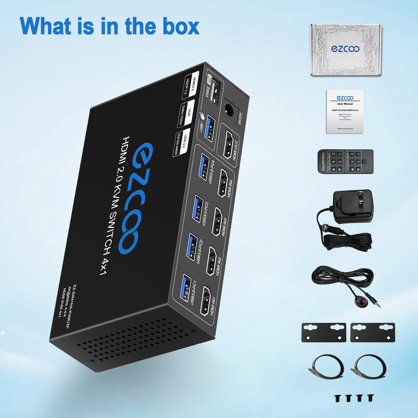 EZCOO USB 3.0 KVM Switch HDMI 4 Computer 1 Monitor 4K 60Hz SPDIF L/R Hotkey Share one Set of Keyboard Mouse Printer,1080p 120Hz 144Hz HDCP Bypass,4X U