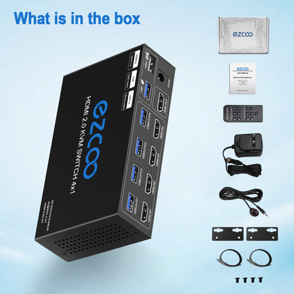 EZCOO USB 3.0 KVM Switch HDMI 4 Computer 1 Monitor 4K 60Hz SPDIF L/R Hotkey Share one Set of Keyboard Mouse Printer,1080p 120Hz 144Hz HDCP Bypass,4X U