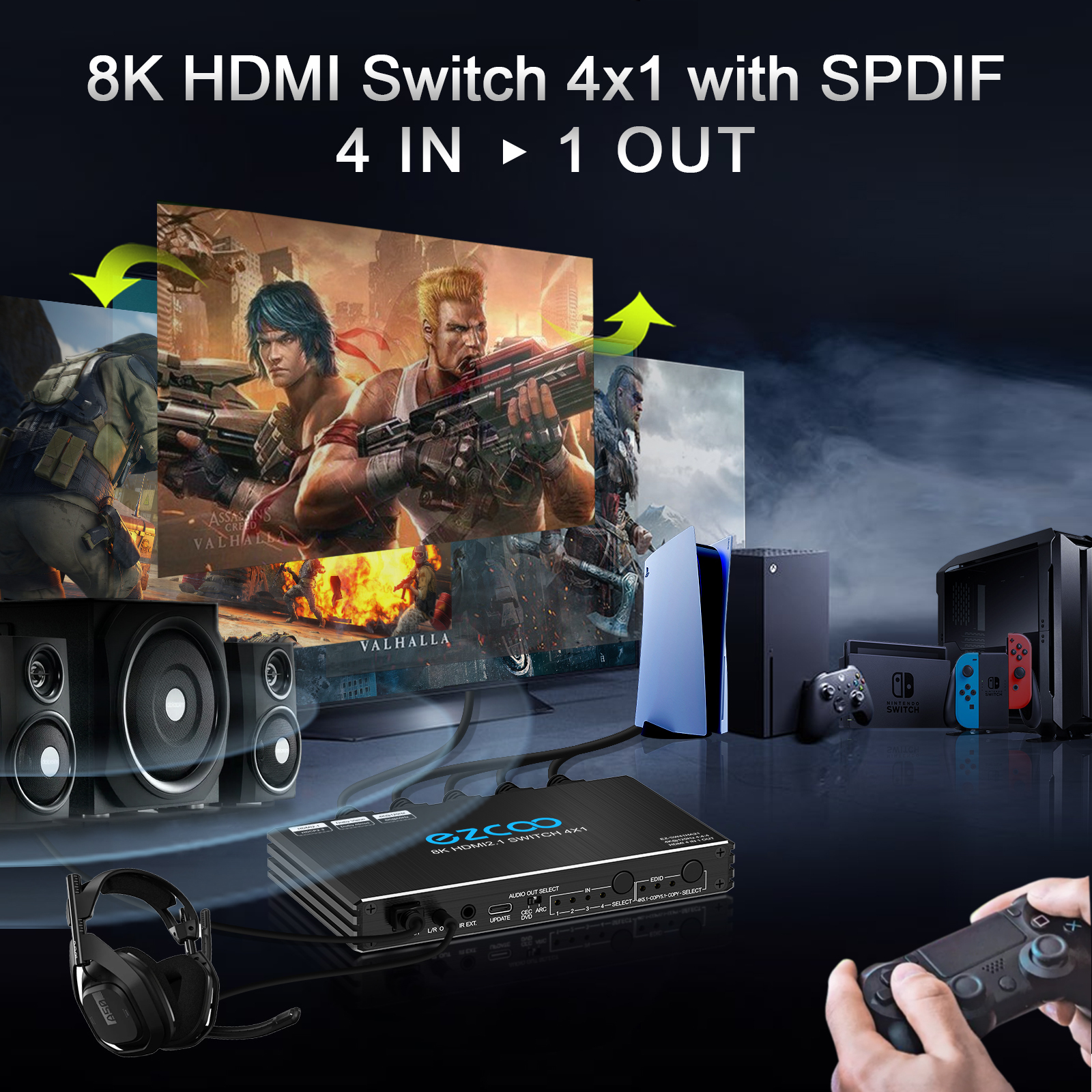 EZCOO 8K HDMI Switch 4 in 1 out with audio breakout, HDMI switcher, supports 8K@60Hz and 4K120Hz VRR, HDCP2.3, HDR Dolby vision Atmos, Remote control,