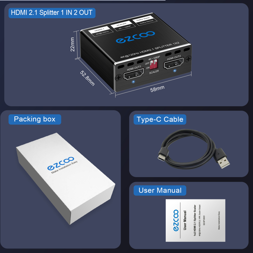 EZCOO 4K 120Hz HDMI 2.1 Splitter 8K 60Hz 1 in2 out VRR ALLM HDCP2.3 HDR10 8KUHD Dolby Vision Atmos Scaler 4K EDID 1080P Dual Monitors HDMI 2.1 Splitte