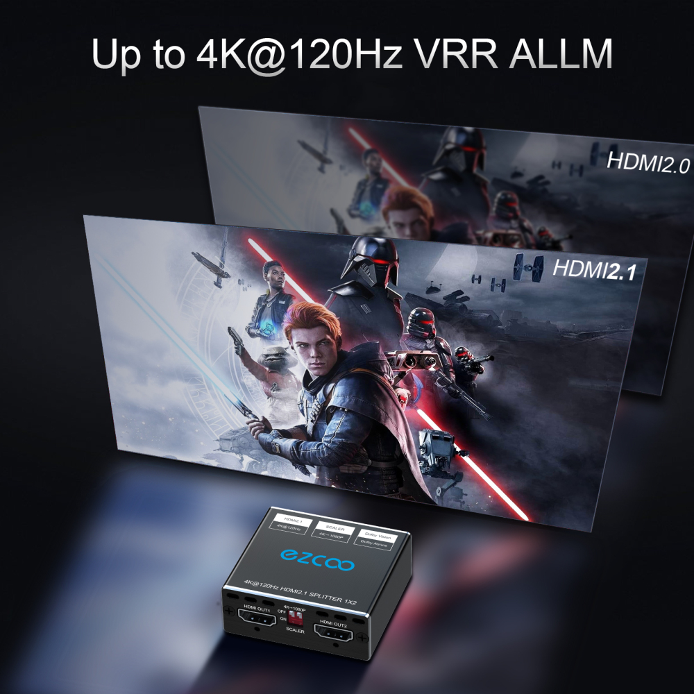 EZCOO 4K 120Hz HDMI 2.1 Splitter 8K 60Hz 1 in2 out VRR ALLM HDCP2.3 HDR10 8KUHD Dolby Vision Atmos Scaler 4K EDID 1080P Dual Monitors HDMI 2.1 Splitte
