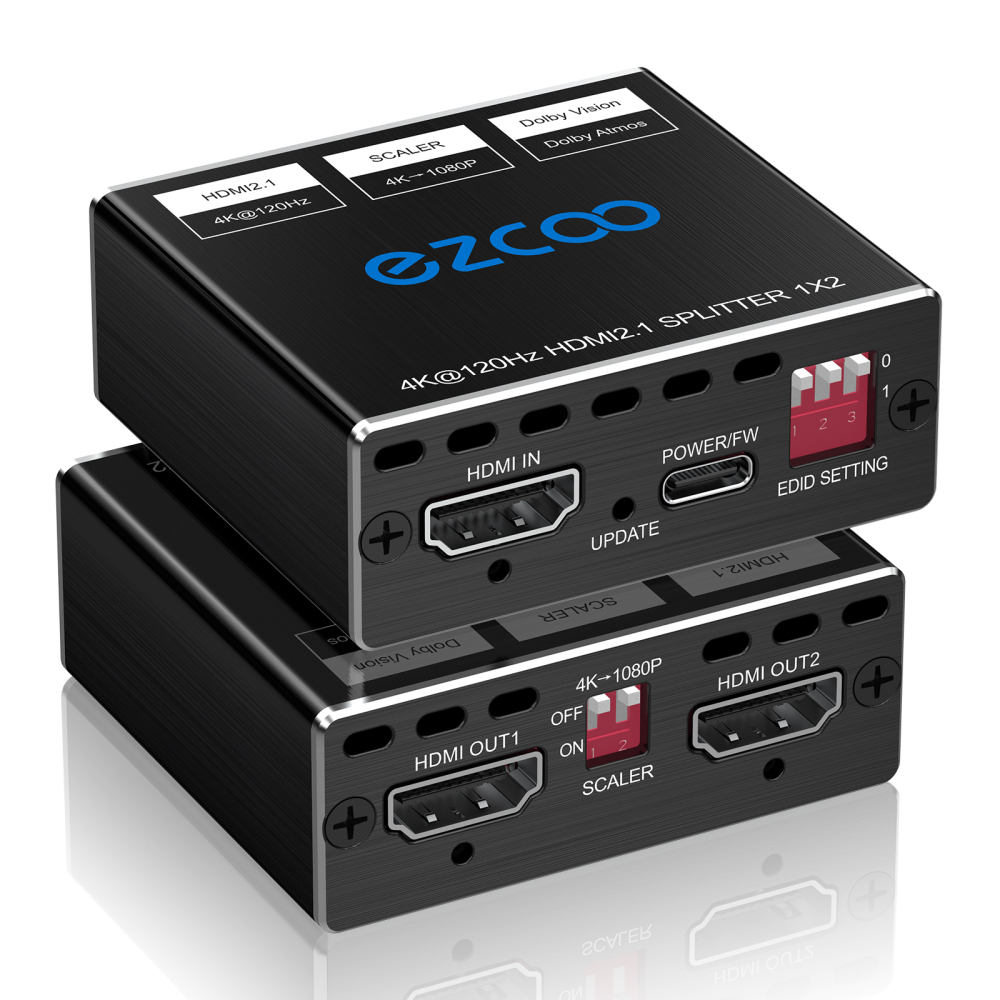 EZCOO 4K 120Hz HDMI 2.1 Splitter 8K 60Hz 1 in2 out VRR ALLM HDCP2.3 HDR10 8KUHD Dolby Vision Atmos Scaler 4K EDID 1080P Dual Monitors HDMI 2.1 Splitte