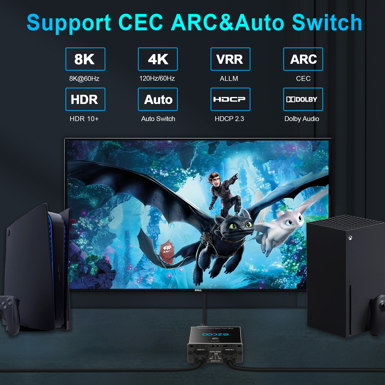 EZCOO HDMI2.1 Audio Extractor 4K@120Hz 4:4:4 8bit 2X1 with VRR ALLM D-olby Vision D-olby Atmos SPDIF Optical Audio Output