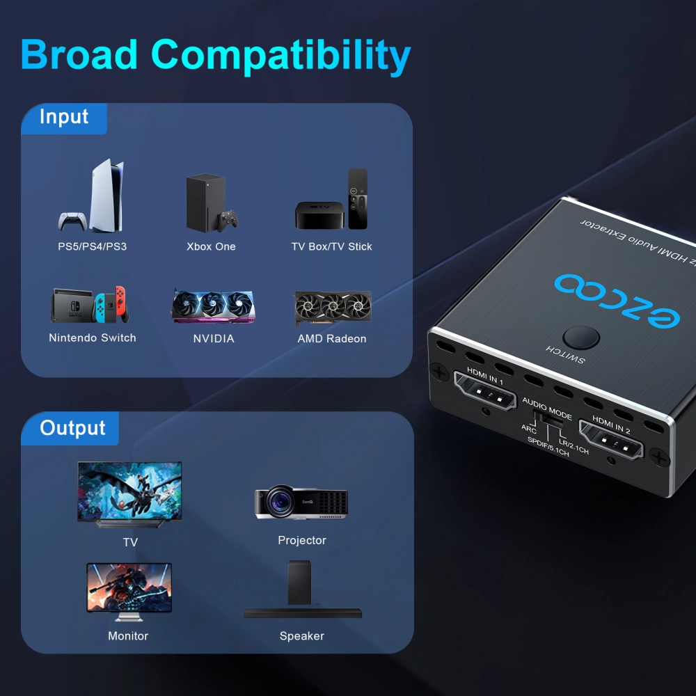 HDMI2.1 Audio Extractor 4K@120Hz 4:4:4 8bit 2X1 with VRR ALLM D-olby Vision  D-olby Atmos SPDIF Optical Audio Output