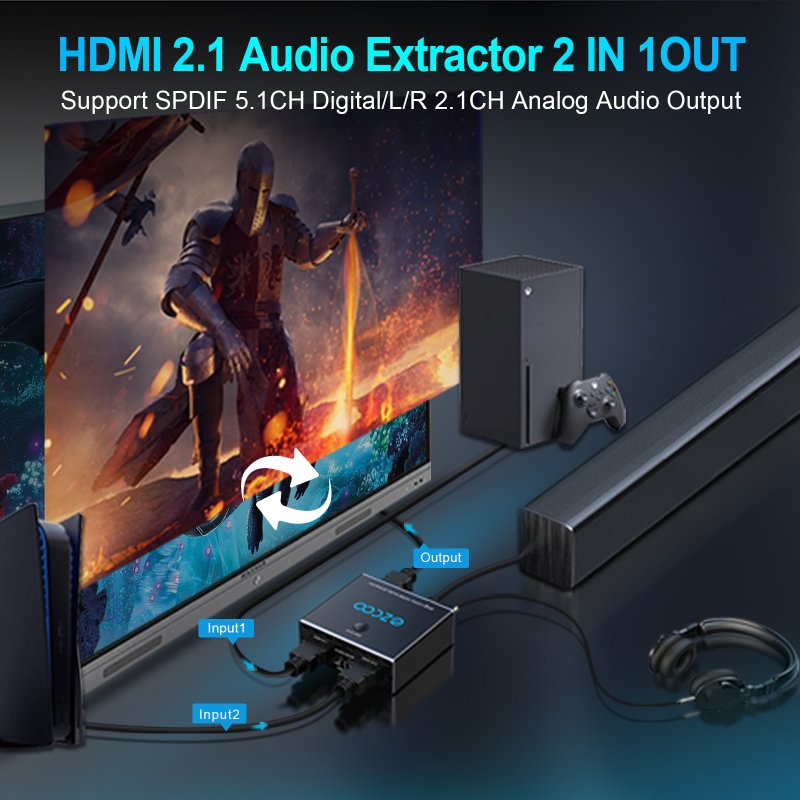 EZCOO HDMI2.1 Audio Extractor 4K@120Hz 4:4:4 8bit 2X1 with VRR ALLM D-olby Vision D-olby Atmos SPDIF Optical Audio Output