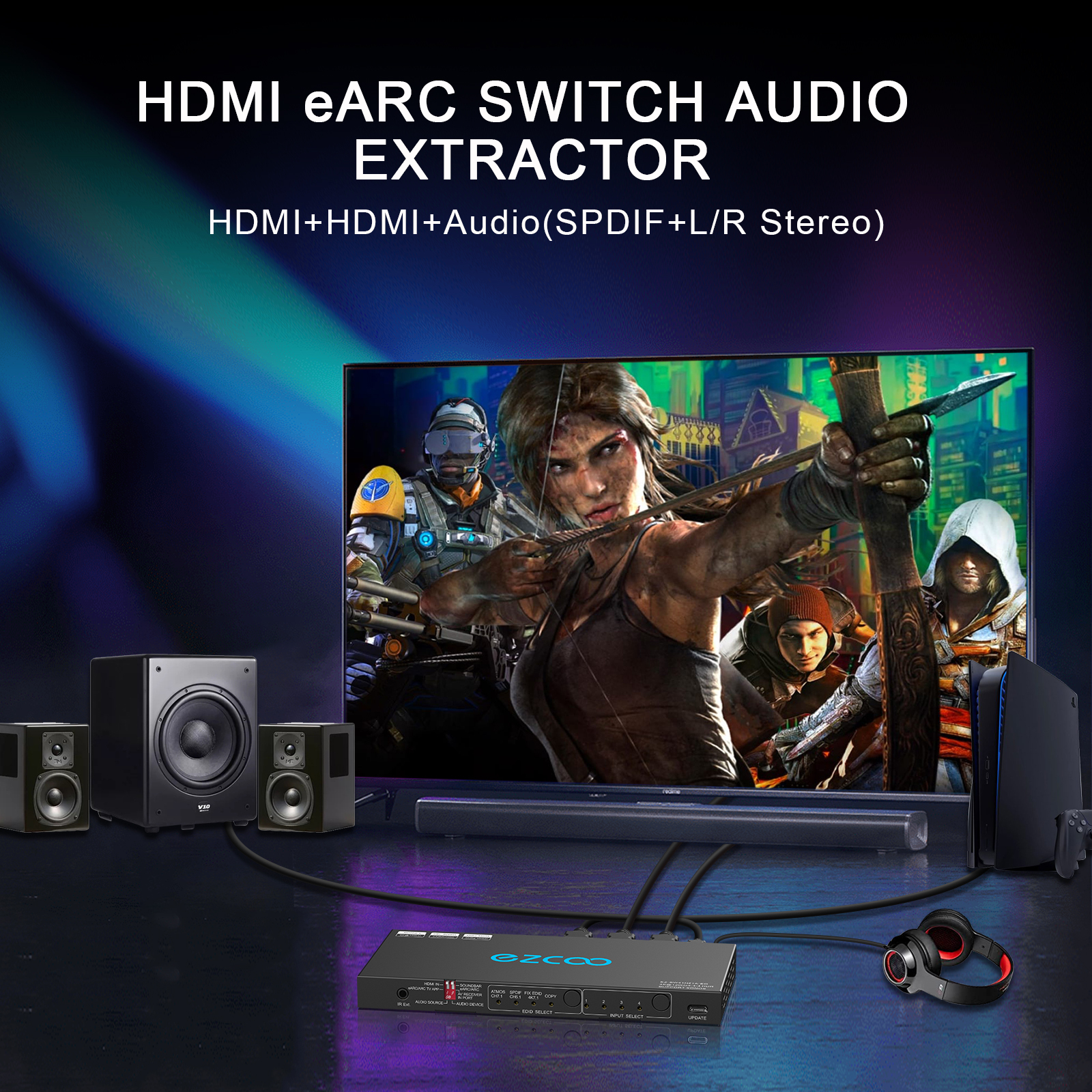 EZCOO 4K 120Hz HDMI 2.1 Switch Switch 4x1 eARC Audio Extractor VRR ALLM HDCP2.3 ARC HDR10 CEC SPDIF Optical and 3.5 mm Audio Out, HDMI Switcher 4 IN 1