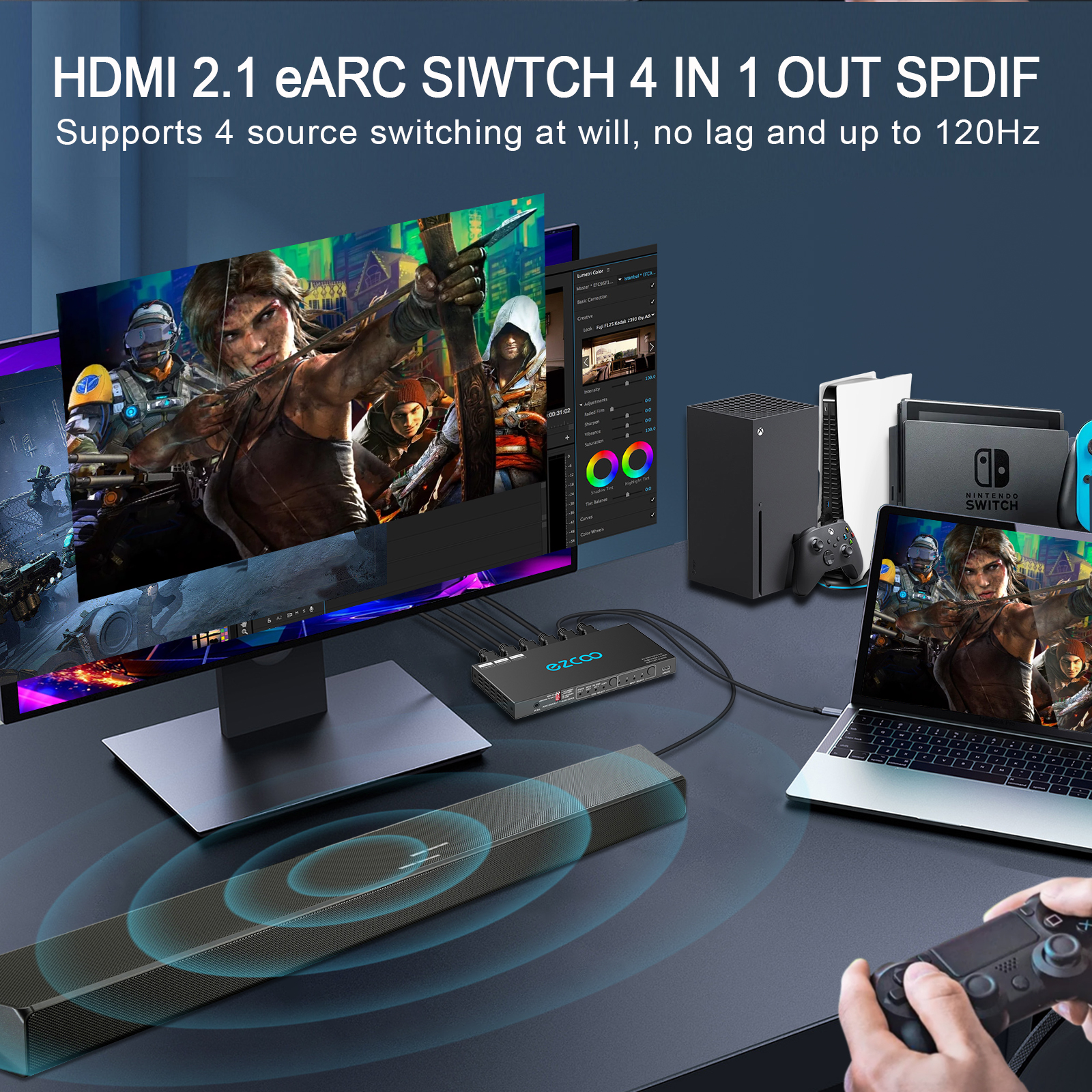 EZCOO 4K 120Hz HDMI 2.1 Switch Switch 4x1 eARC Audio Extractor VRR ALLM HDCP2.3 ARC HDR10 CEC SPDIF Optical and 3.5 mm Audio Out, HDMI Switcher 4 IN 1