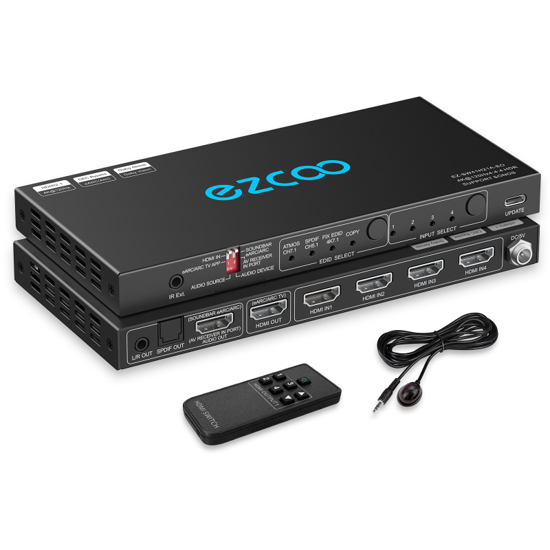 EZCOO 4K 120Hz eARC HDMI 2.1 Switch Switch 4x1 eARC Audio Extractor VRR ALLM HDCP2.3 ARC HDR10 CEC SPDIF Optical and 3.5 mm Audio Out, HDMI Switcher 4 IN 1